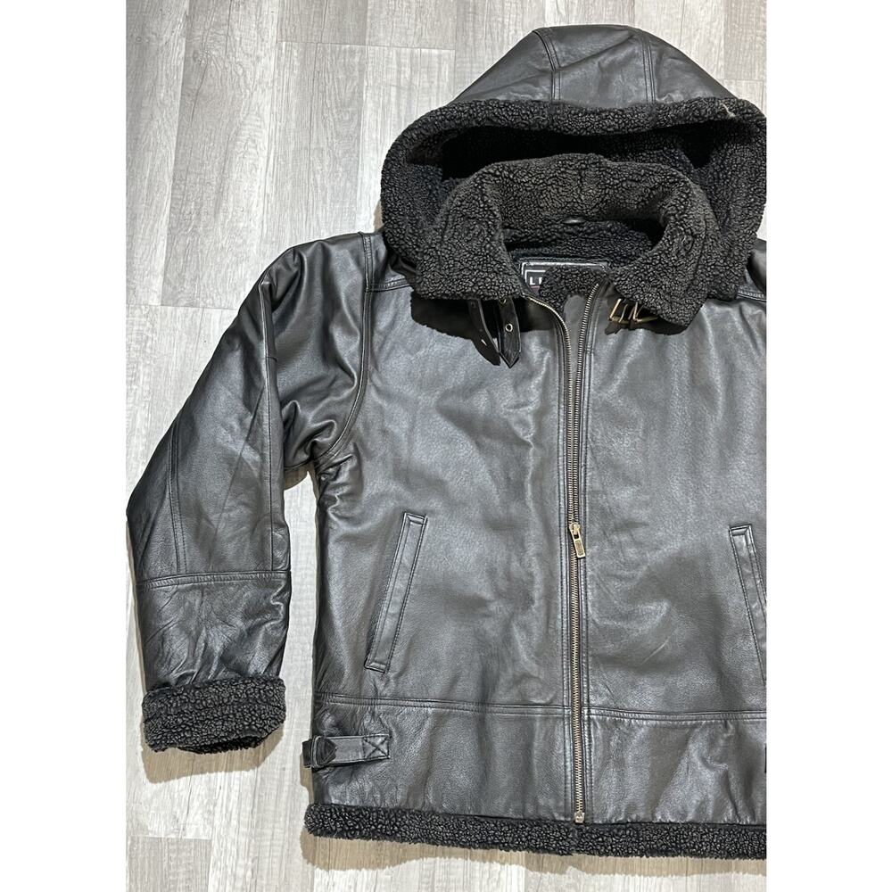 Women's Leather Limited BlackLeather Coat With Hood Faux Fur Size Extra Large - Picture 2 of 9